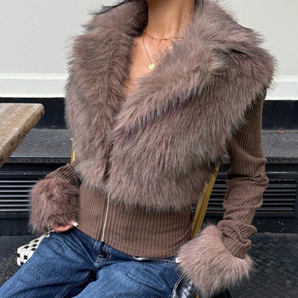 Brown Casual Women's Faux Fur Zipper Long Sleeve sweater top - Picture 5 of 6